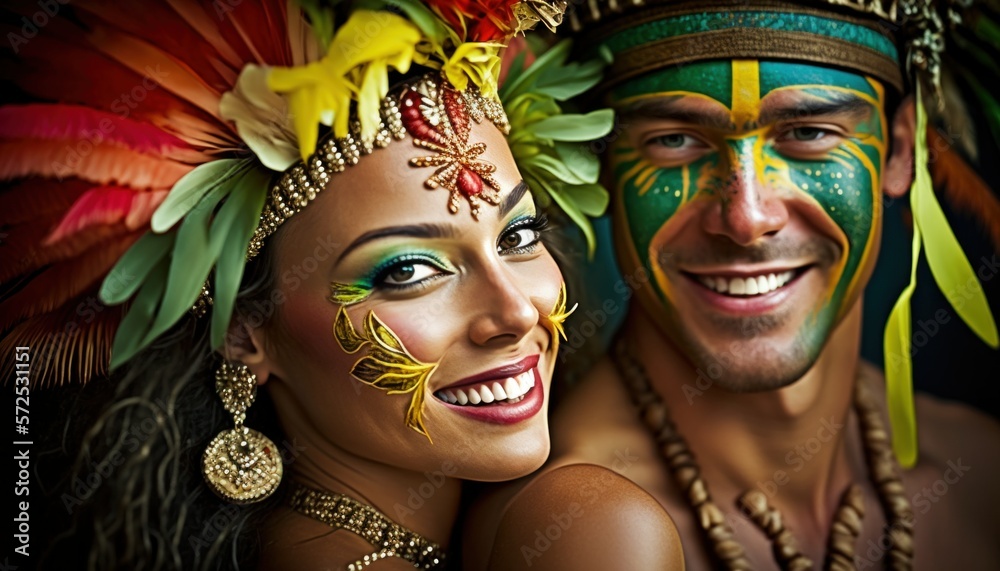 Joyful and Excited Native Hawaiian Couple in Rio Carnival Costume: Colorful Illustration of Humans in Festive Brazilian Street Party with Samba Music and Dancing Floats Celebration (generative AI Joyful and Excited Native Hawaiian Couple in Rio Carnival Costume: Colorful Illustration of Humans in Festive Brazilian Street Party with Samba Music and Dancing Floats Celebration (generative AI