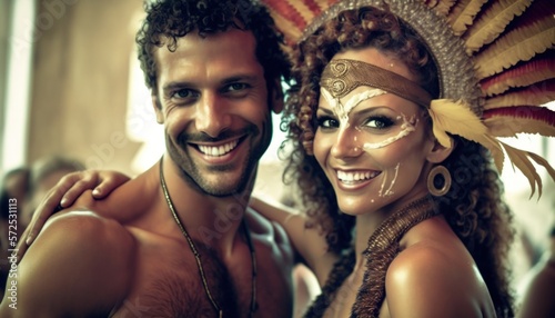 Joyful and Excited Multiracial Couple in Rio Carnival Costume: Colorful Illustration of Humans in Festive Brazilian Street Party with Samba Music and Dancing Floats Celebration (generative AI