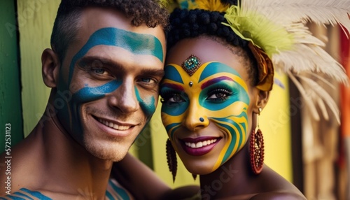 Joyful and Excited Multiracial Couple in Rio Carnival Costume: Colorful Illustration of Humans in Festive Brazilian Street Party with Samba Music and Dancing Floats Celebration (generative AI