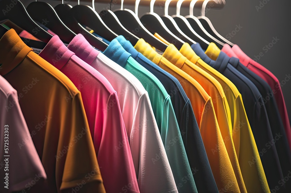 Fashion store's colorful t-shirts on hanger. Photo generative AI