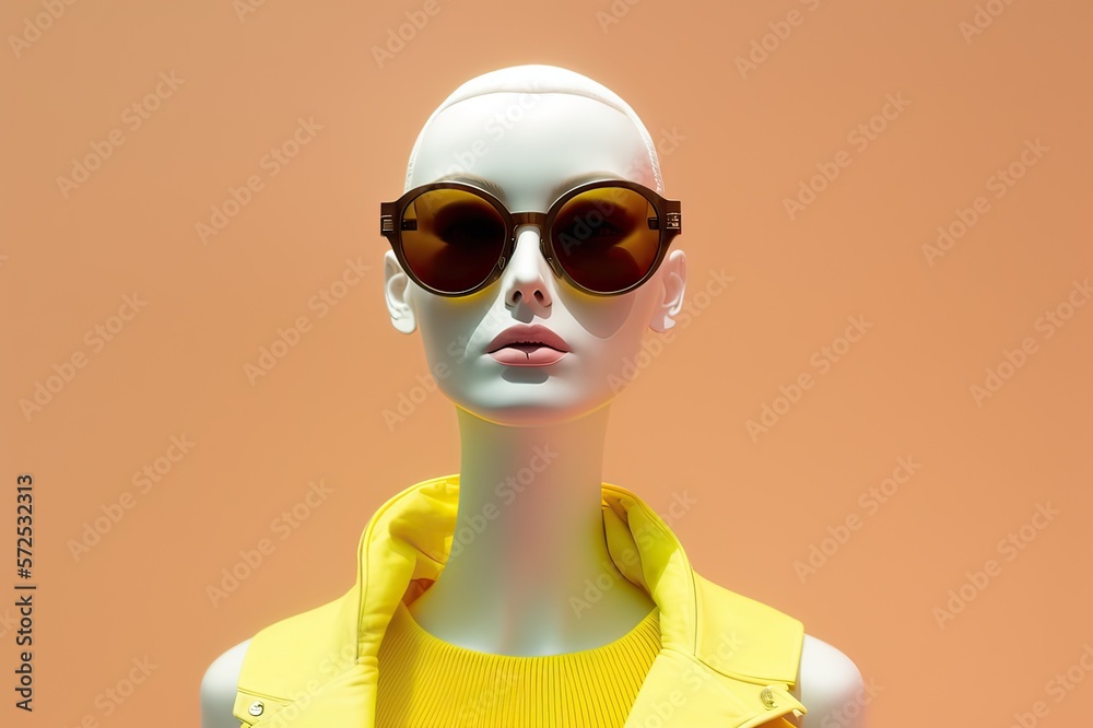 Model with sunglasses on yellow backdrop. Photo generative AI Model with sunglasses on yellow backdrop. Photo generative AI