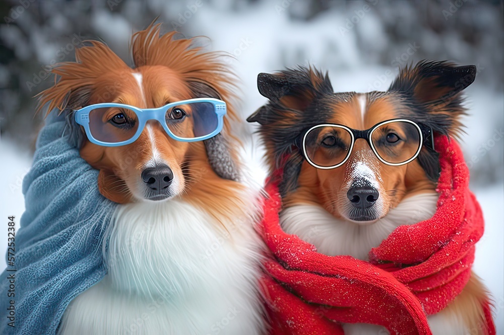 Two Shetlands in Winter: Scarves & Sunglasses. Photo generative AI Two Shetlands in Winter: Scarves & Sunglasses. Photo generative AI