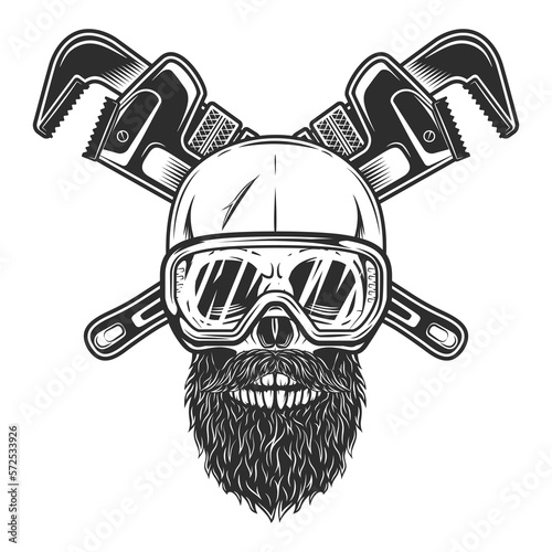 Skull in safety glasses with mustache and beard with construction wrench for gas and builder plumbing pipe or body shop mechanic spanner repair tool in monochrome style vintage vector illustration
