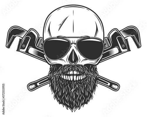 Skull in sunglasses with mustache and beard with construction wrench for gas and builder plumbing pipe or body shop mechanic spanner repair tool in monochrome isolated vintage vector illustration