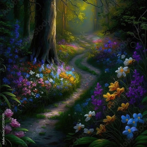 captivating trail of vibrant flowers through an enchanted glade  fantasy art  AI generation.