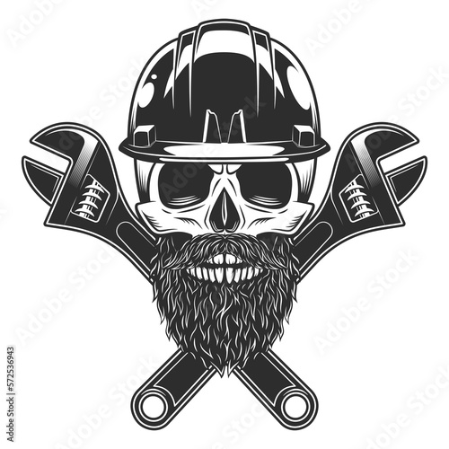 Skull with mustache and beard in helmet hard hat with construction wrench for gas and builder plumbing pipe or body shop mechanic spanner repair tool in monochrome vintage vector illustration