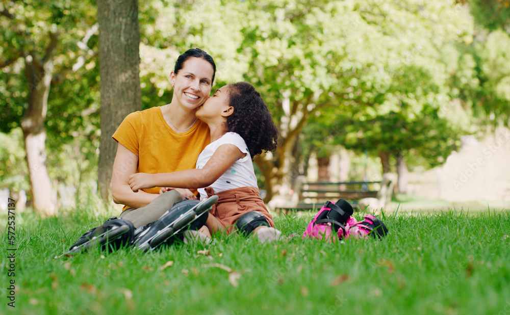 Kiss, portrait and mother and child rollerskating in a park on mothers day for bonding and fun. Love, sports and mom and girl learning to skate on a garden field with kissing affection in Australia