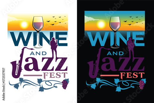 Jazz music and wine with sunset background flat vector illustration