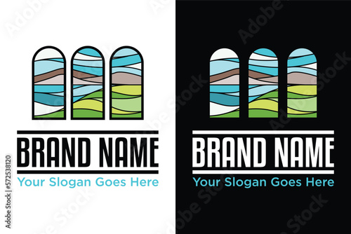 Illustration in stained glass style with seascape logo design