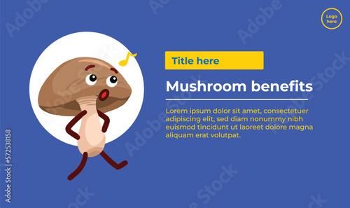 Mushroom benefits with mascot character facial expression and gesture. Banner and poster print design layout isolated template. Simple and flat trendy design with plain blue wallpaper.