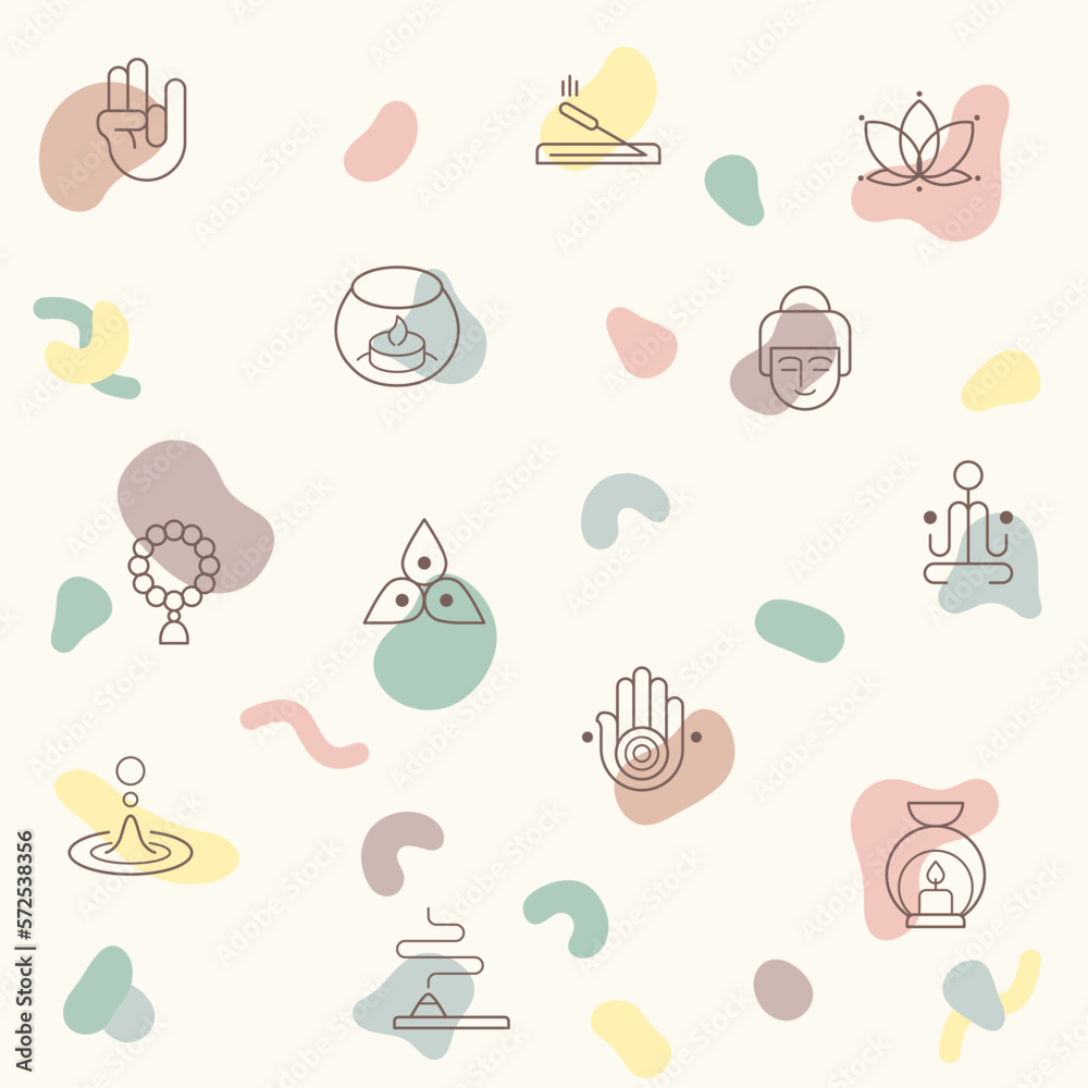 Vector illustration of a cute meditation. Collection of lotus, relaxation, wellness, zen, meditate, mind, asana and other elements. Isolated on beige. Vector illustration of a cute meditation. Collection of lotus, relaxation, wellness, zen, meditate, mind, asana and other elements. Isolated on beige.