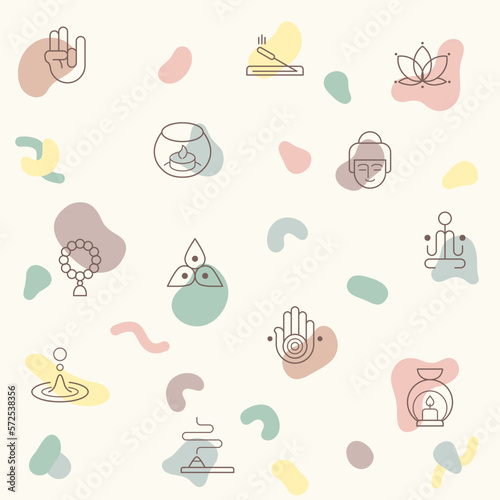 Vector illustration of a cute meditation. Collection of lotus, relaxation, wellness, zen, meditate, mind, asana and other elements. Isolated on beige.