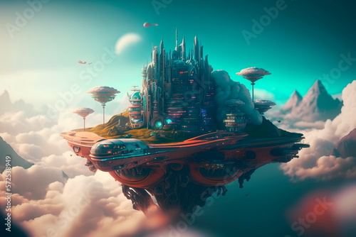 Futuristic sci-fi city in clouds future life concept.Generative AI