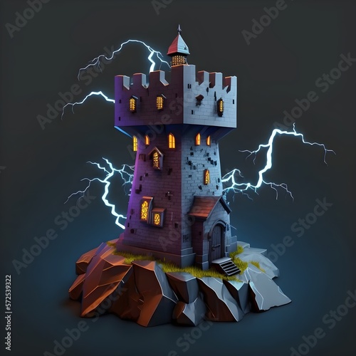 Castle tower in a lightning storm. lightning conductors on tower, isometric illustration