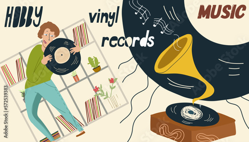 Collage on the theme of hobbies  leisure time listening to vinyl records  gramophone  vector illustration of cartoon characters  music  music lover.
