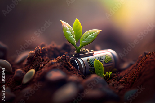 A AAA Battery from which a plant sprout grows on a surface covered with soil. A symbol for green energy