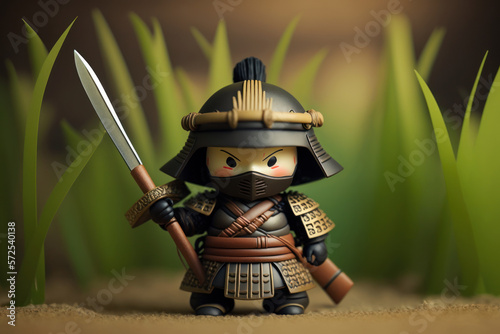 Miniature samurai toy character closeup with sword, armor, mask, helmet illustration, ai.