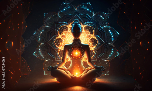 Woman sitting in yoga lotus pose and her connection to meditative space. Yoga in the lotus position on beautiful fantasy background. Postproducted generative AI digital illustration.