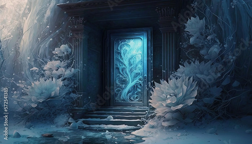 Door in the ice cave, Ice flower. Generative AI