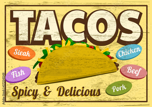 Retro tacos sign on wood