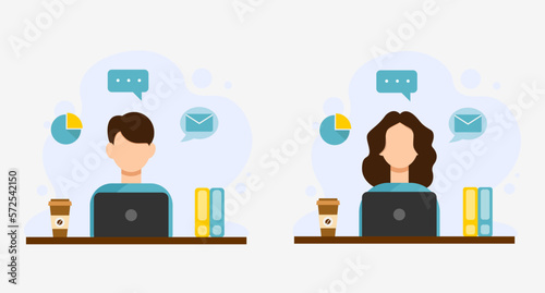 A woman and man work on a laptop computer from home or the office. Or a freelancer. Vector illustration in a flat style on a white background.