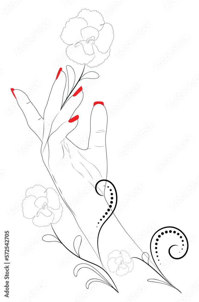 Hand with red nails and flower line art