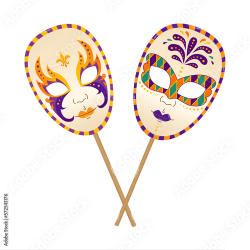 Two circle masks on stick for Mardi Gras masquerade in flat style. Fat tuesday. Greeting card, banner, poster.