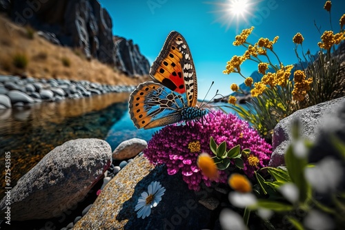 Beautiful butterfly surrounded by flowers side on rock and river background. Generative Ai photo