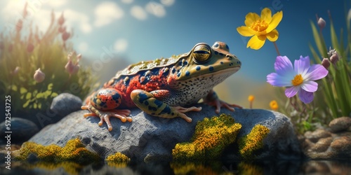 Colorful frog standing on rock surrounded by flowers and river background. Generative Ai photo