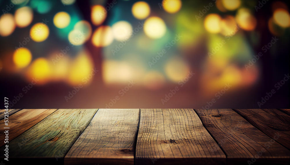 Old empty wooden table with bokeh background. generative ai