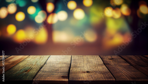 Old empty wooden table with bokeh background. generative ai
