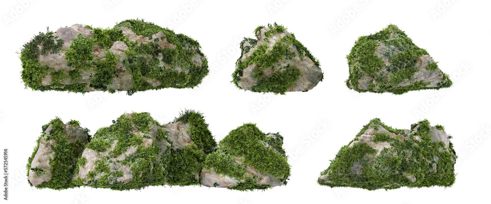 Architectural and landscape concept. Top and side view grey stone with moss isolated on transparent background. 3d rendering illustration. PNG format