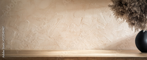 Fotografie A wooden tabletop as a product podium on a stone wall background with a vase of