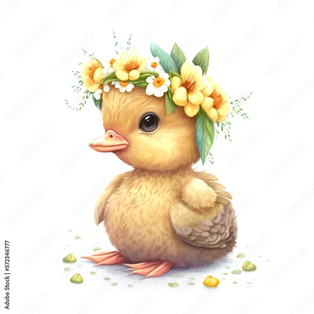 Cute baby duck in a floral crown made of spring flowers. Cartoon character  for postcard, birthday, nursery decor. Generative AI. Stock Illustration