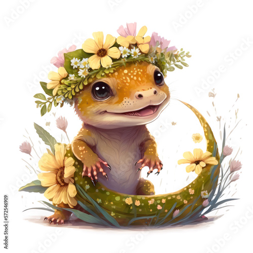Smiling baby salamander in a floral crown made of spring flowers. Cartoon character for postcard, birthday, nursery decor. Generative AI. © Pixel Cat
