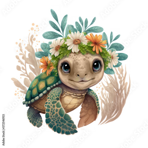 Smiling baby sea turtle in a floral crown made of spring flowers. Cartoon character for postcard, birthday, nursery decor. Generative AI. © Pixel Cat