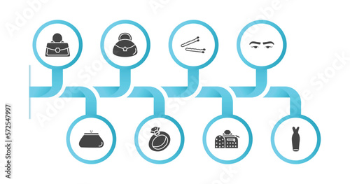 editable filled icons with infographic template. infographic for woman clothing concept. included handbag elegant, hobo shoulder bag, hair clip tool, eyebrow, female wallet, diamond ring,