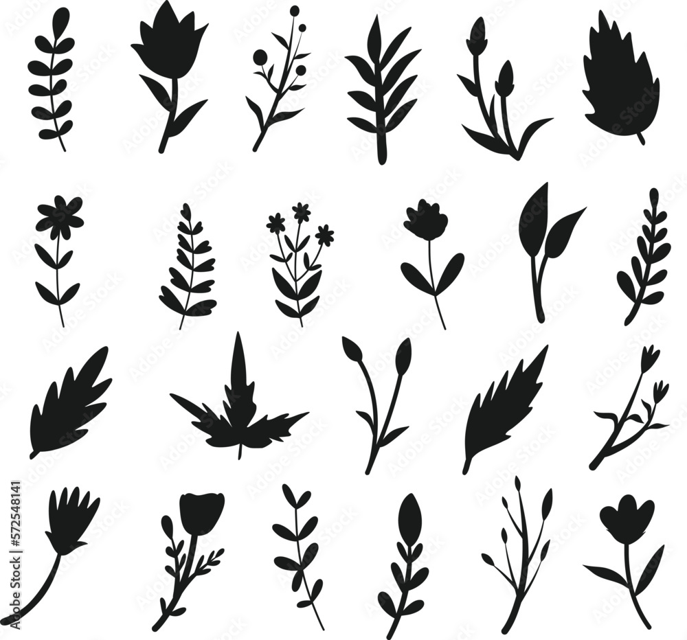 Spring Botanical leaves and flowers elements isolated vector Silhouettes Spring Botanical leaves and flowers elements isolated vector Silhouettes