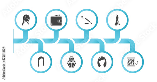 editable filled icons with infographic template. infographic for woman clothing concept. included female with long hair, wallet, eyeliner pencils, long black gown, hair wig, parfum, shoulder length,