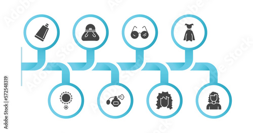 editable filled icons with infographic template. infographic for woman clothing concept. included creme container black, female black handbag, eyeglasses, female sexy dress, necklace, parfum bottle,