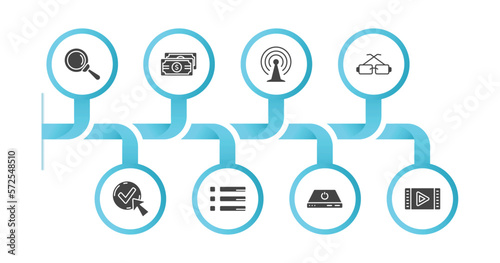 editable filled icons with infographic template. infographic for user interface concept. included glass material  dollar bills stack  connection  square glasses  check box with cursor  list button 