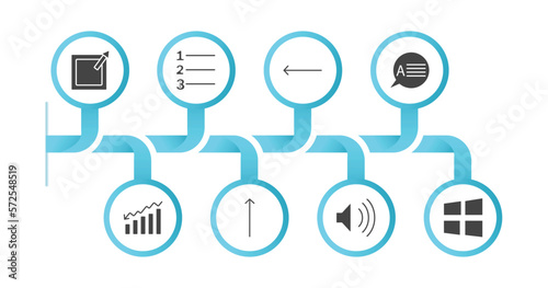 editable filled icons with infographic template. infographic for user interface concept. included external, numbering, slim left, answer, decreasing bars chart, slim up, sound on, window graphic