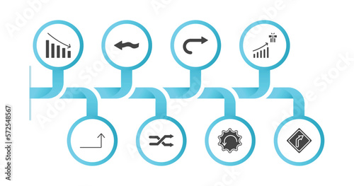 editable filled icons with infographic template. infographic for user interface concept. included reduce, squiggly arrow, curved right arrow, incentive, turn up arrow, crossover, downward rotation,