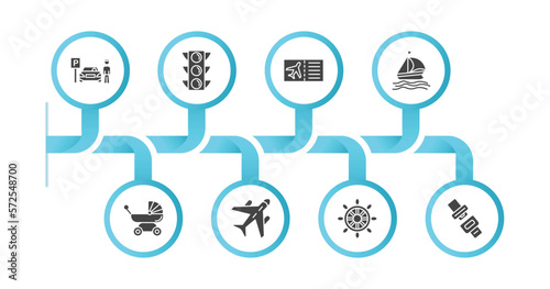 editable filled icons with infographic template. infographic for transport concept. included parking men, semaphore, plane tickets, sailing boat, pram, air transport, ship wheel, seatbelt icons.