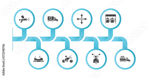 editable filled icons with infographic template. infographic for transport concept. included car painting, recycling truck, movement, petrol station, go kart, bikes, motorbike, loaded truck side