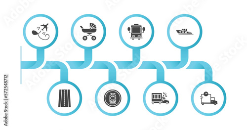 editable filled icons with infographic template. infographic for transport concept. included flying airplane, babysitter, bus front with driver, yacht navigate, road with broken lines, tram stop