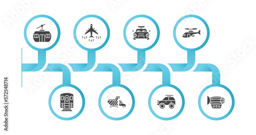 editable filled icons with infographic template. infographic for transportation concept. included chairlift, airliner, sports car, military helicopter, , haul, all terrain, dirigible icons.