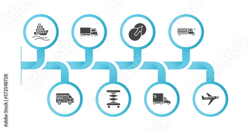editable filled icons with infographic template. infographic for transport concept. included ferry, road sweeper, transition, school bus empty, school van, lifter, heavy vehicle, planes icons.