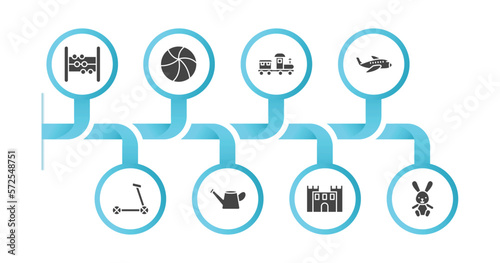 editable filled icons with infographic template. infographic for toys concept. included abacus toy, ball toy, train toy, plane scooter watering can bouncy castle bunny icons.