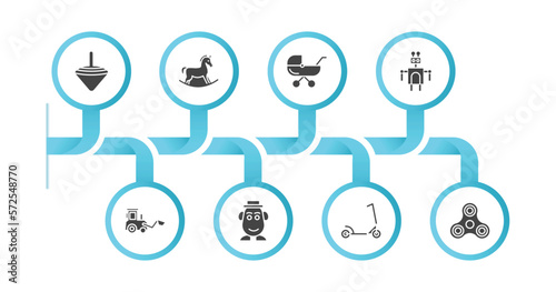 editable filled icons with infographic template. infographic for toys concept. included spinning top toy, rocking horse toy, pram toy, robot digger mrs potato skate spinner icons.